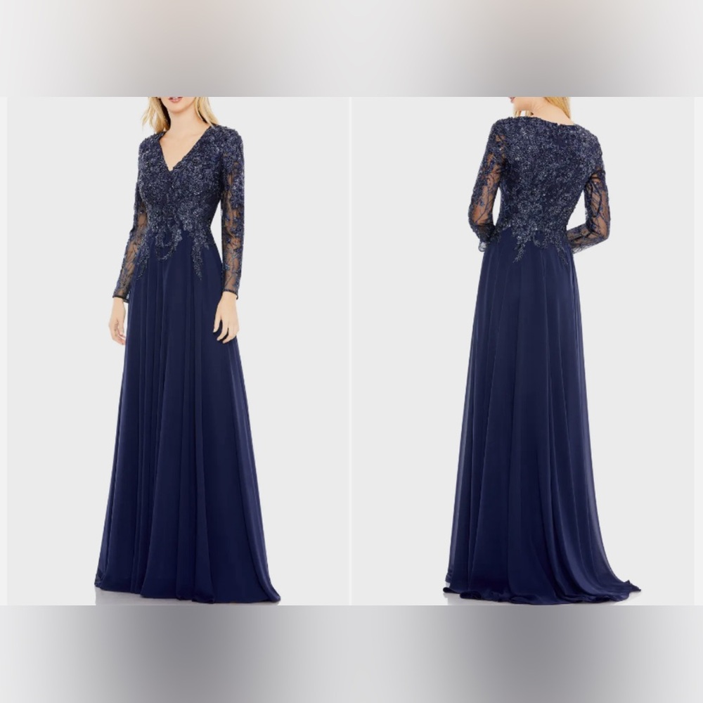 NWT Mac Duggal High Neck Mesh Long Sleeve Embellished A Line Gown 20388 Size 8